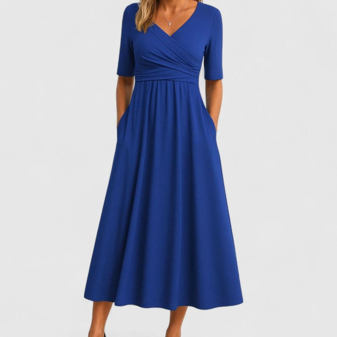 Women's V-Neck Crossover Empire-Waist Midi Dress Pockets - Blue