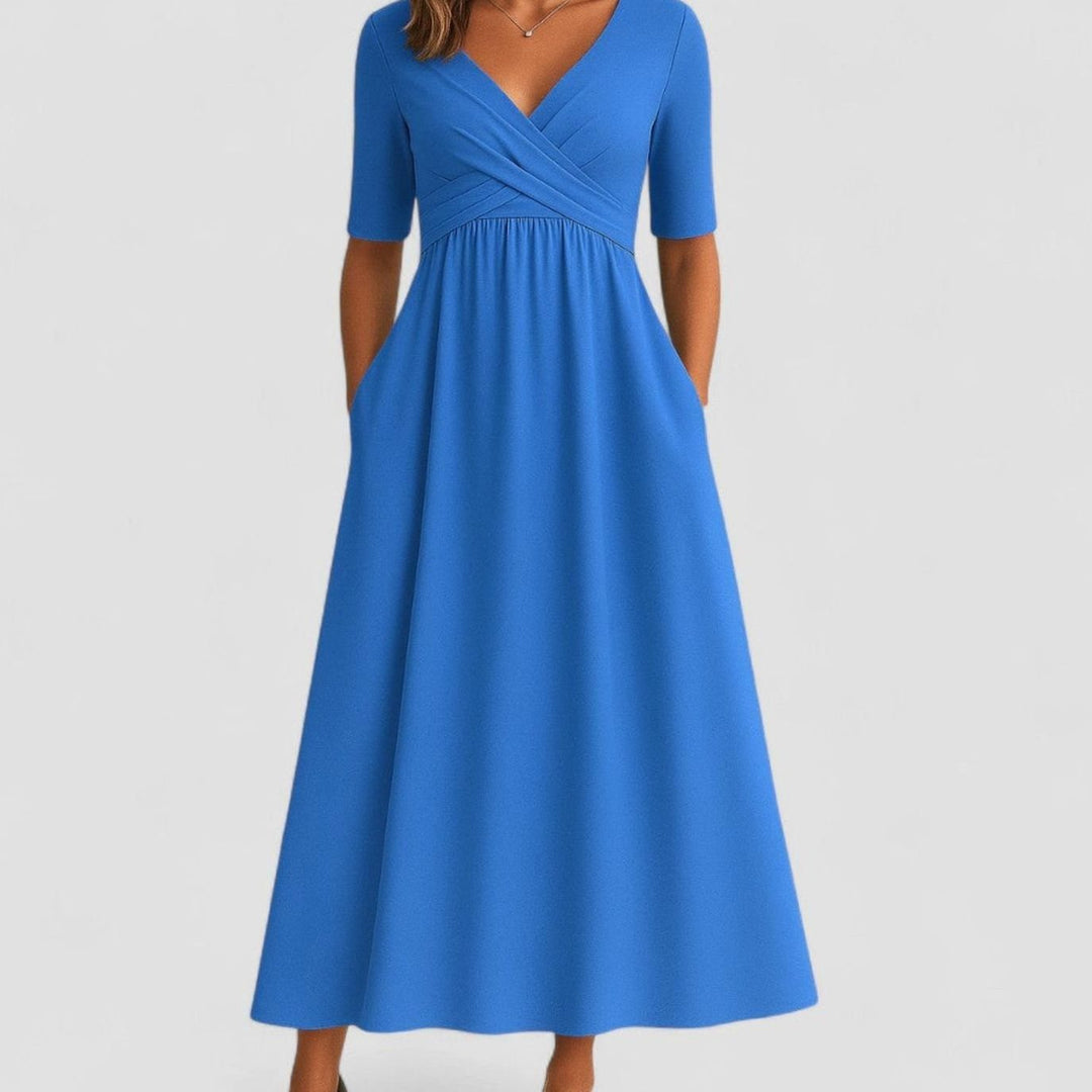 Women's V-Neck Crossover Empire-Waist Midi Dress Pockets - Azure
