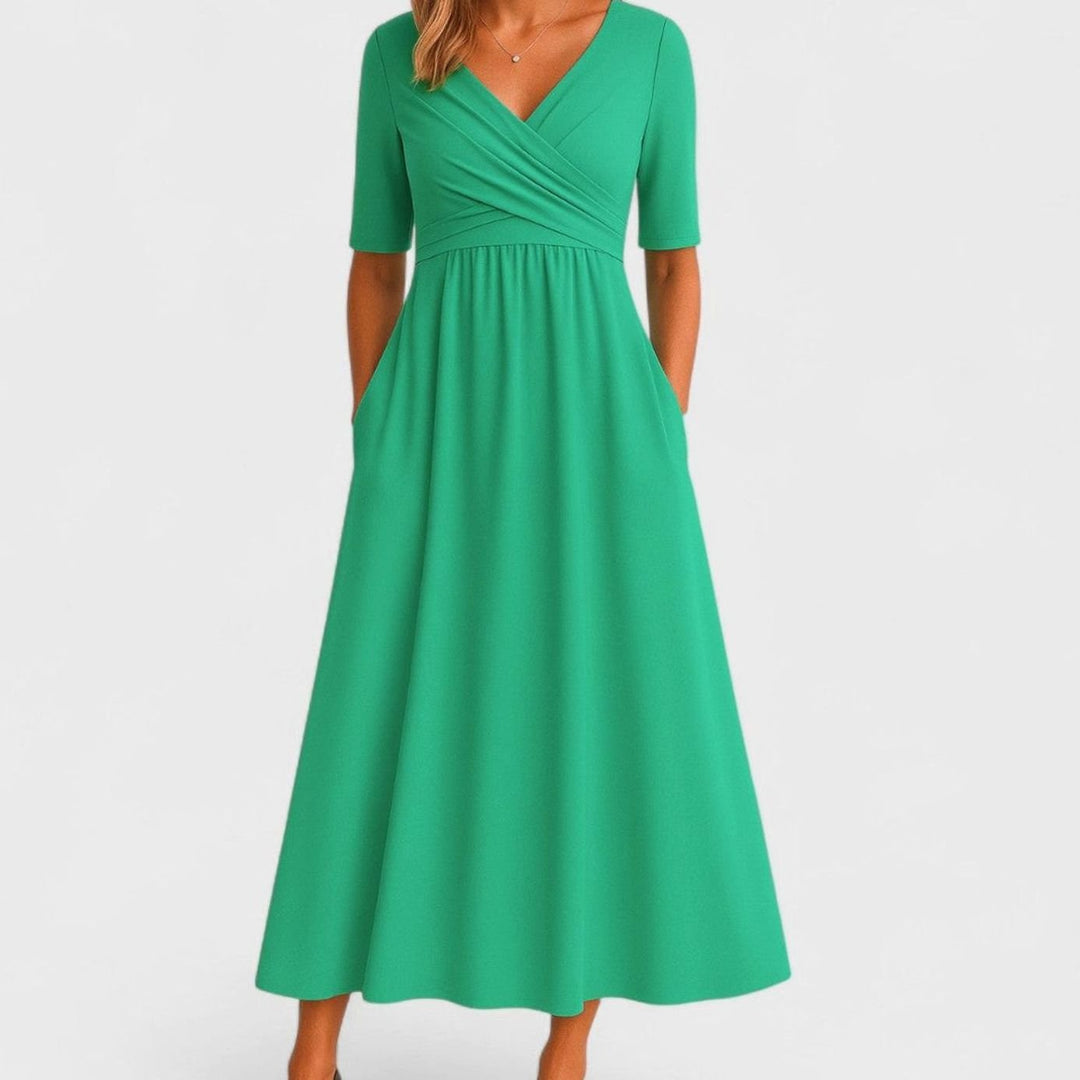 Women's V-Neck Crossover Empire-Waist Midi Dress Pockets - Green
