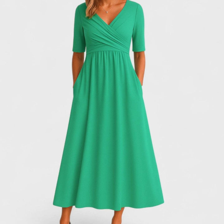 Women's V-Neck Crossover Empire-Waist Midi Dress Pockets - Green