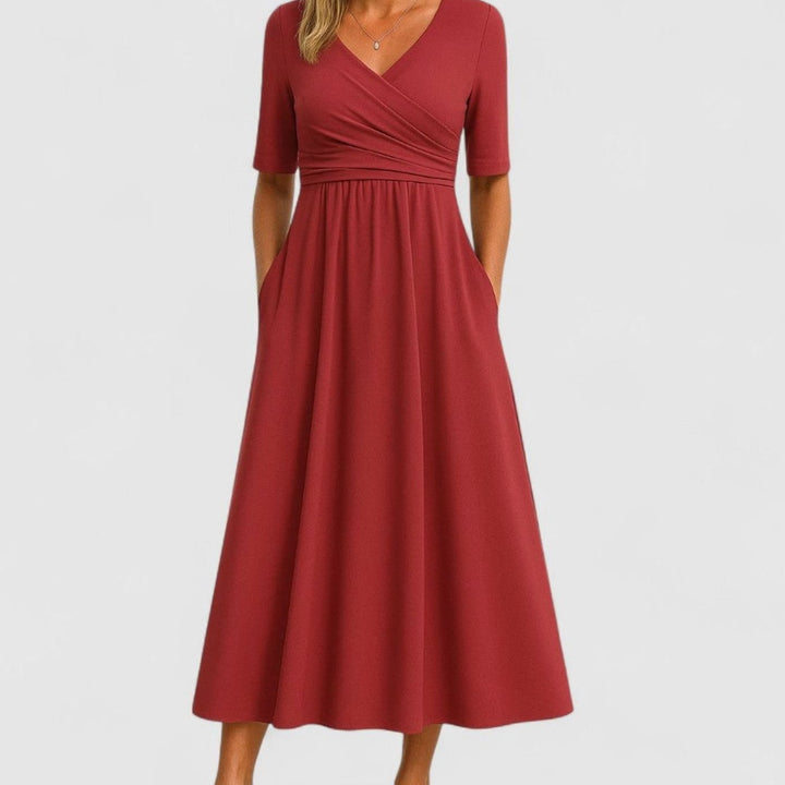 Women's V-Neck Crossover Empire-Waist Midi Dress Pockets - Red