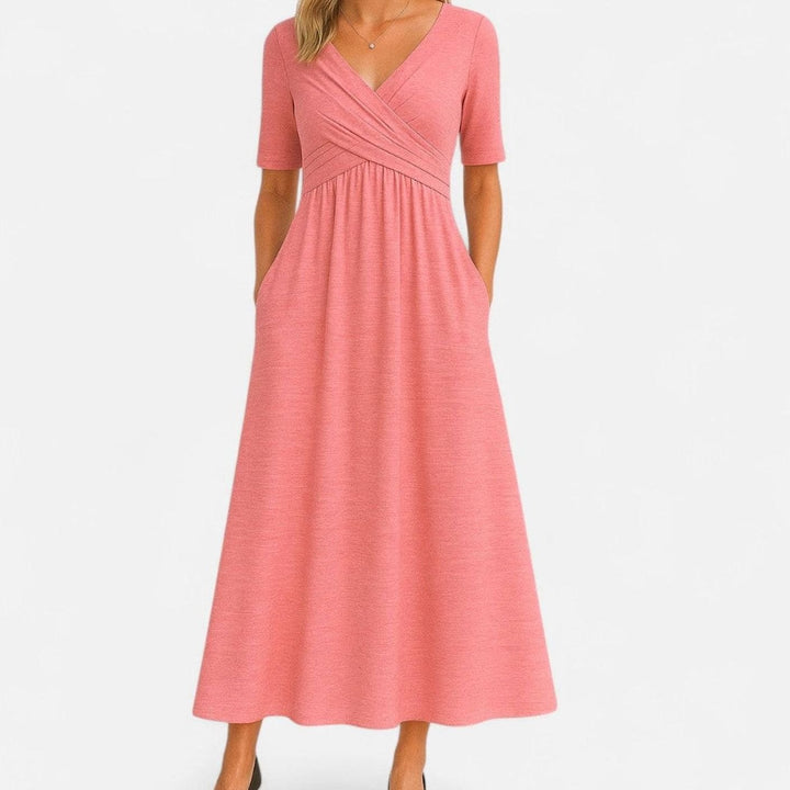 Women's V-Neck Crossover Empire-Waist Midi Dress Pockets - Pink