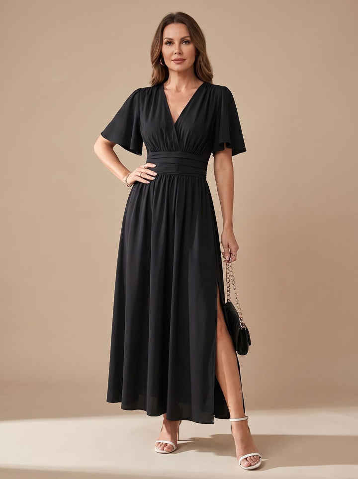 Women's V-Neck Flutter-Sleeve High-Waist Maxi Dress Side Slit