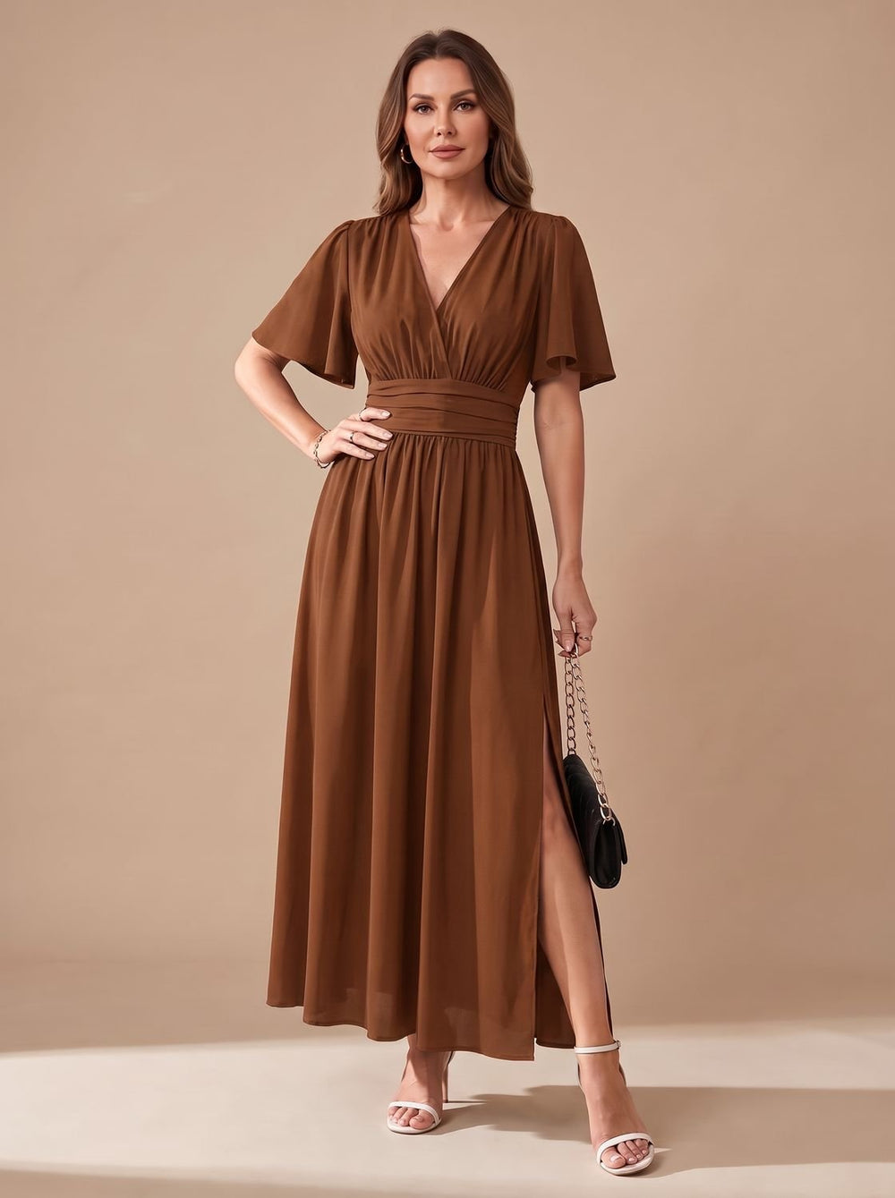 Women's V-Neck Flutter-Sleeve High-Waist Maxi Dress Side Slit - Caramel