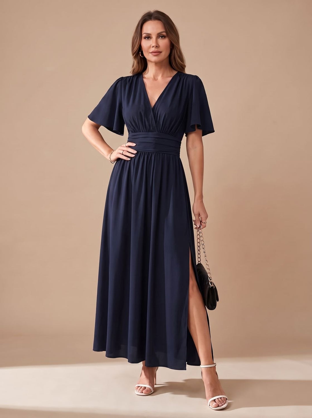 Women's V-Neck Flutter-Sleeve High-Waist Maxi Dress Side Slit