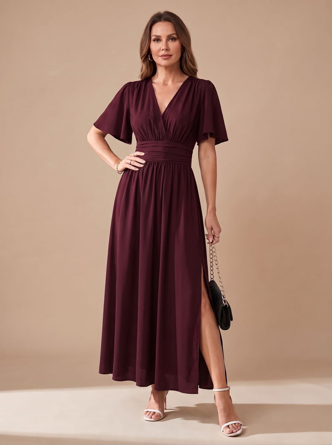 Women's V-Neck Flutter-Sleeve High-Waist Maxi Dress Side Slit