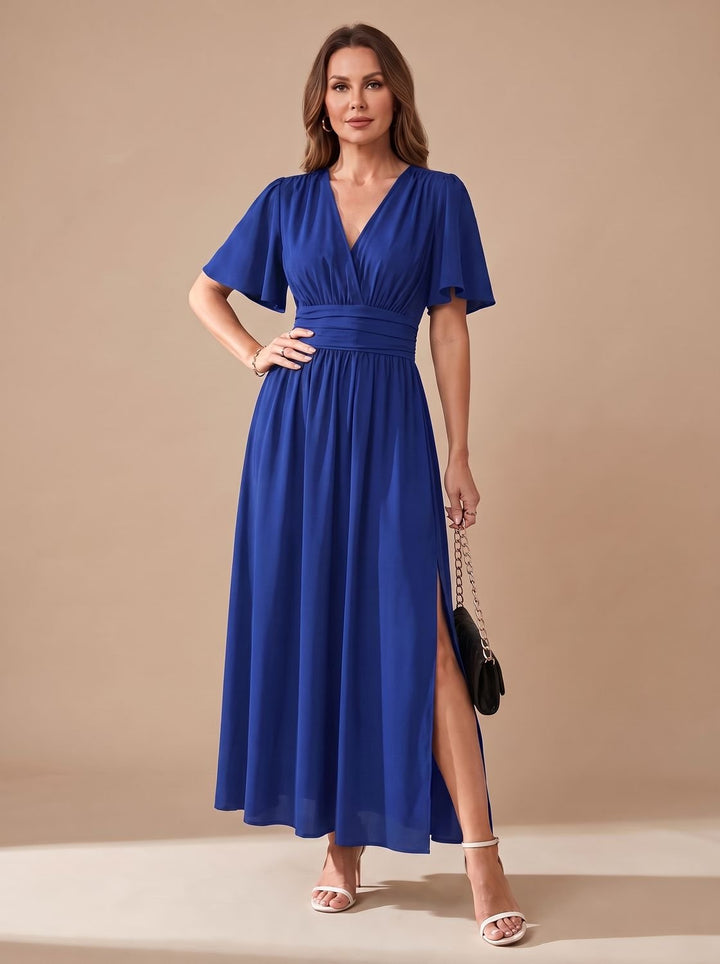 Women's V-Neck Flutter-Sleeve High-Waist Maxi Dress Side Slit - Blue