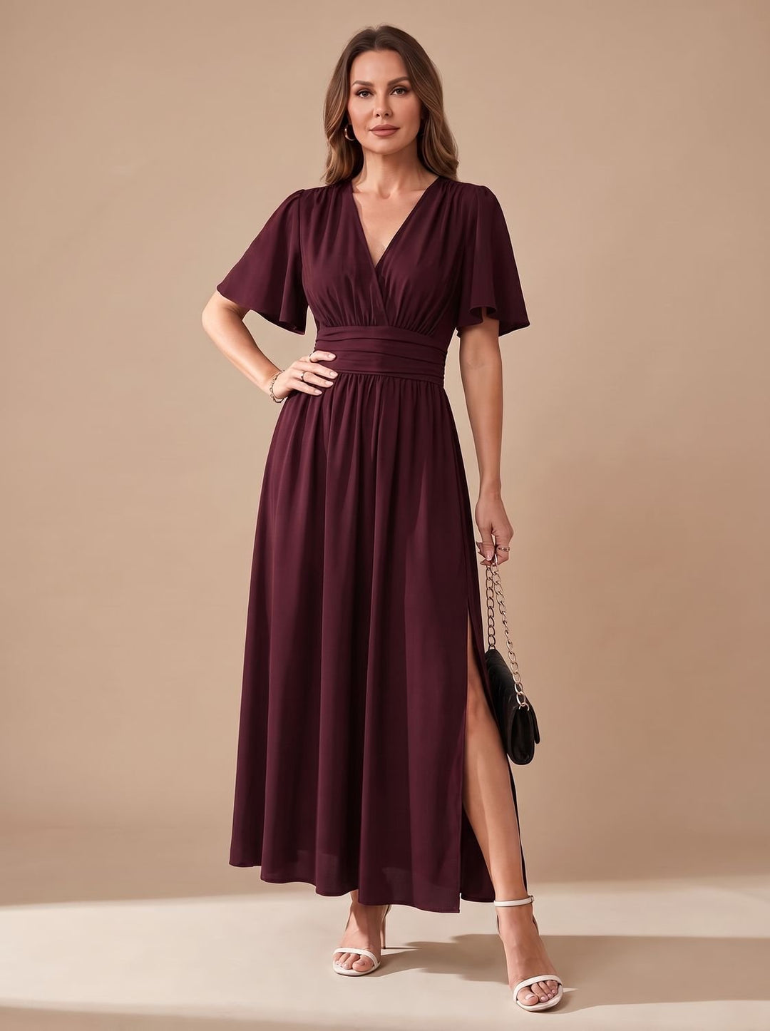 Women's V-Neck Flutter-Sleeve High-Waist Maxi Dress Side Slit - Burgundy