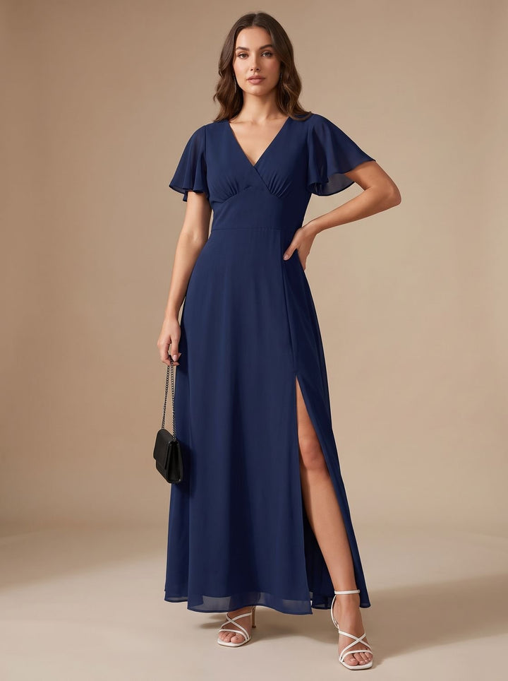 Women's V-Neck Flutter-Sleeve High-Waist Maxi Dress Side Slit - Navy Blue