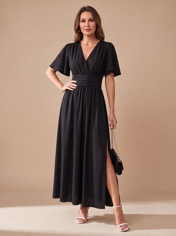 Women's V-Neck Flutter-Sleeve High-Waist Maxi Dress Side Slit - Black