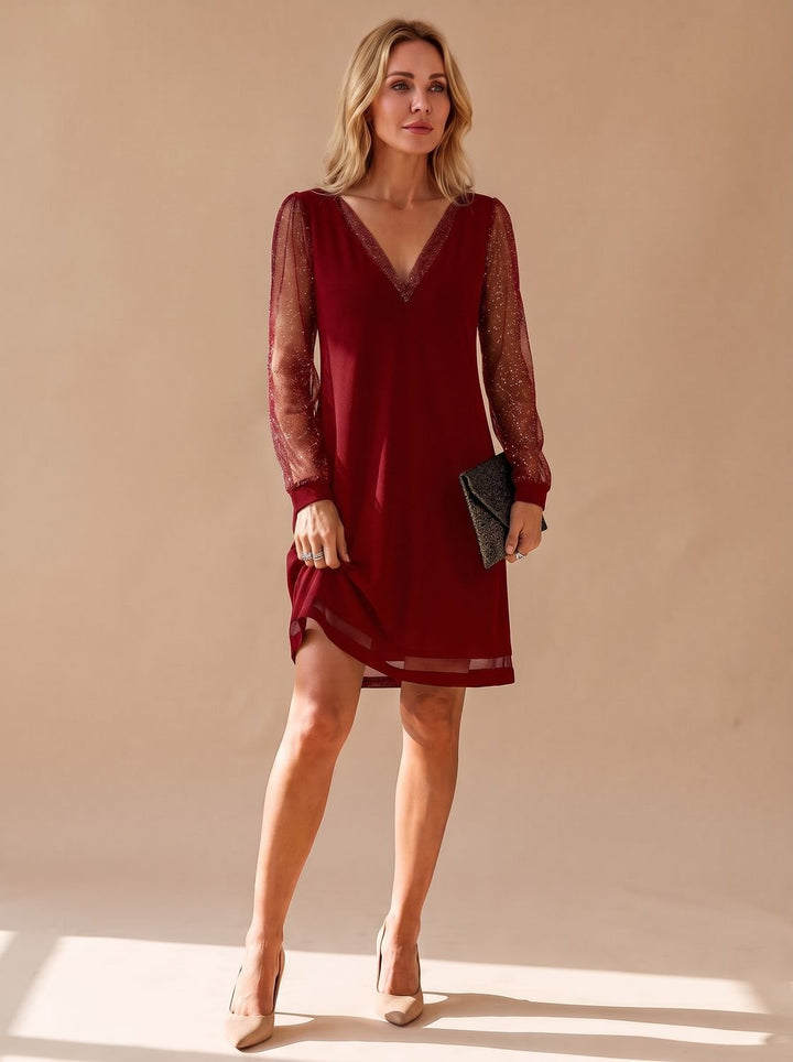 Women's V-Neck Glitter Mesh Sleeve Mini Christmas Party Dress - Red