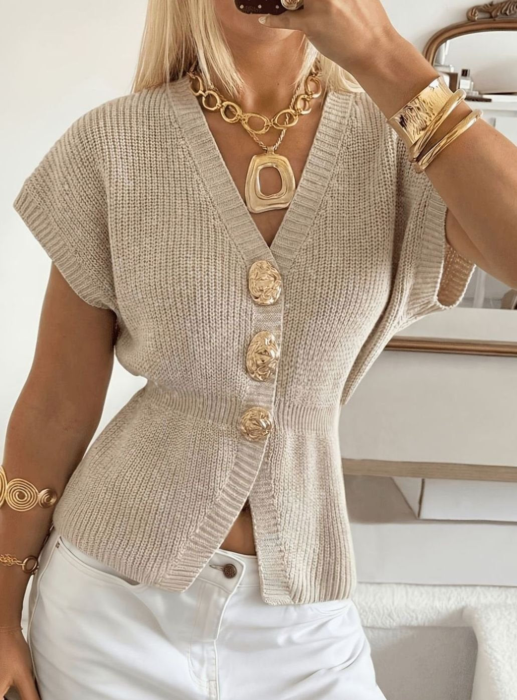 Women's V-Neck Gold-Button Knit Cardigan - Beige