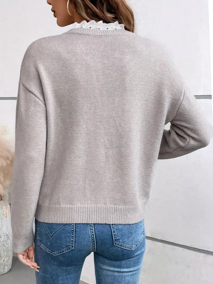 Women's V-Neck Lace-Trim Knit Pullover Sweater