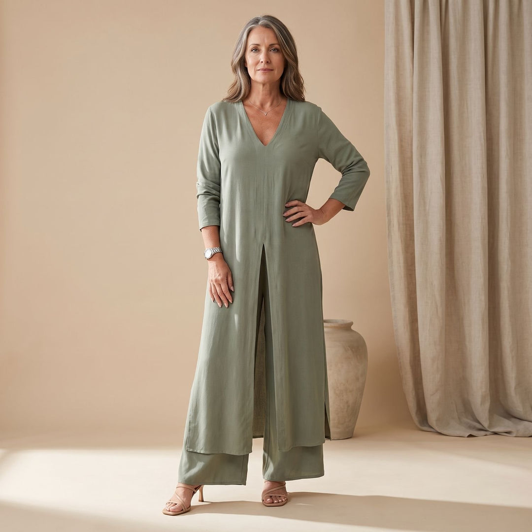 Women's V-Neck Long Shirt Wide-Leg Pants Two Piece Set - Green