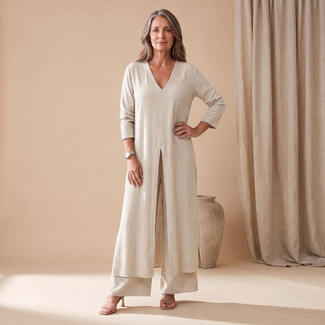 Women's V-Neck Long Shirt Wide-Leg Pants Two Piece Set - Beige