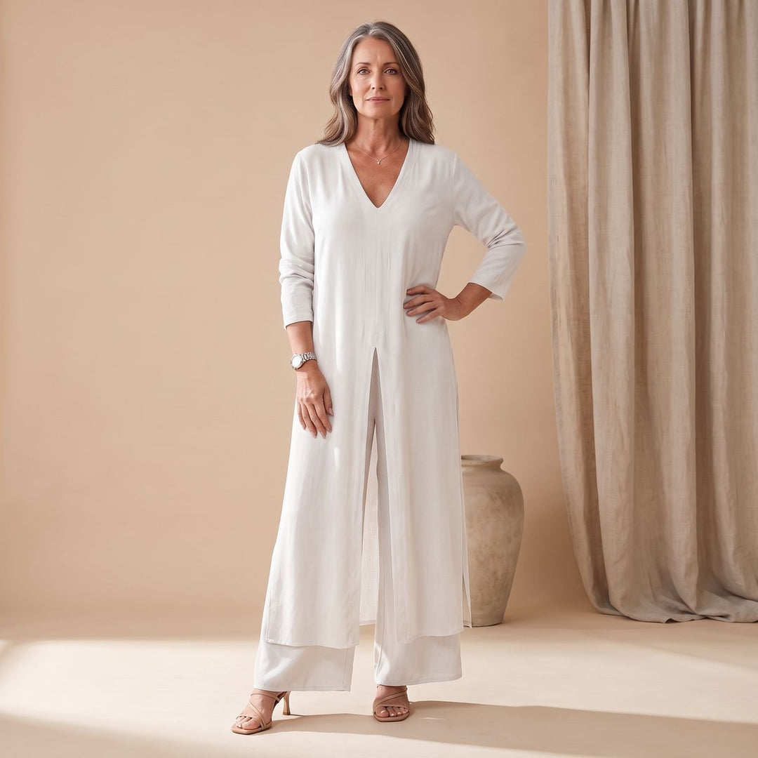 Women's V-Neck Long Shirt Wide-Leg Pants Two Piece Set - White