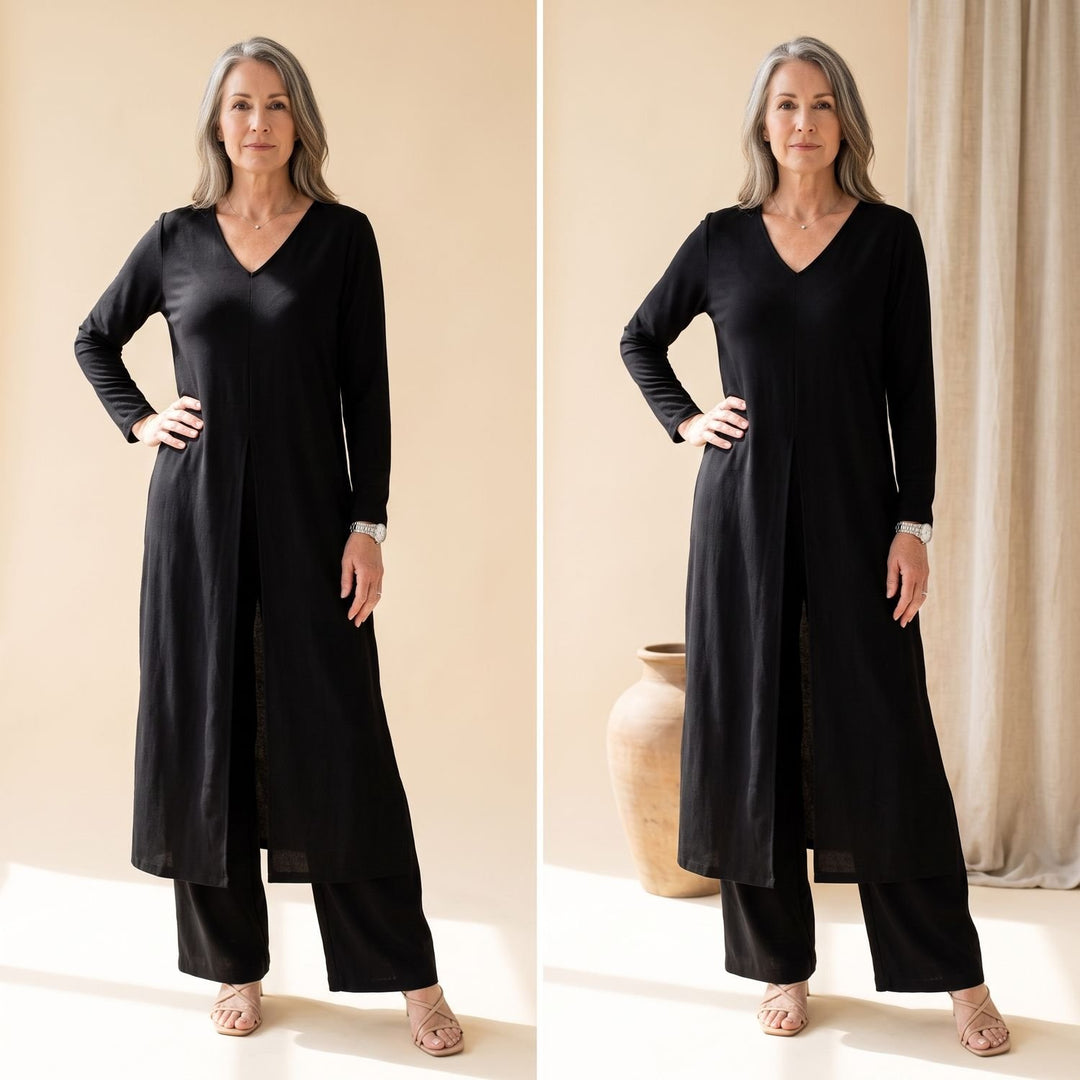 Women's V-Neck Long Shirt Wide-Leg Pants Two Piece Set - Black