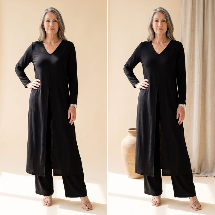 Women's V-Neck Long Shirt Wide-Leg Pants Two Piece Set - Black