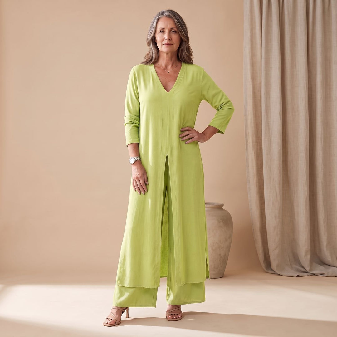 Women's V-Neck Long Shirt Wide-Leg Pants Two Piece Set - Yellow