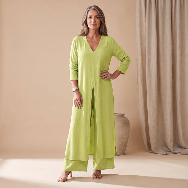 Women's V-Neck Long Shirt Wide-Leg Pants Two Piece Set - Yellow
