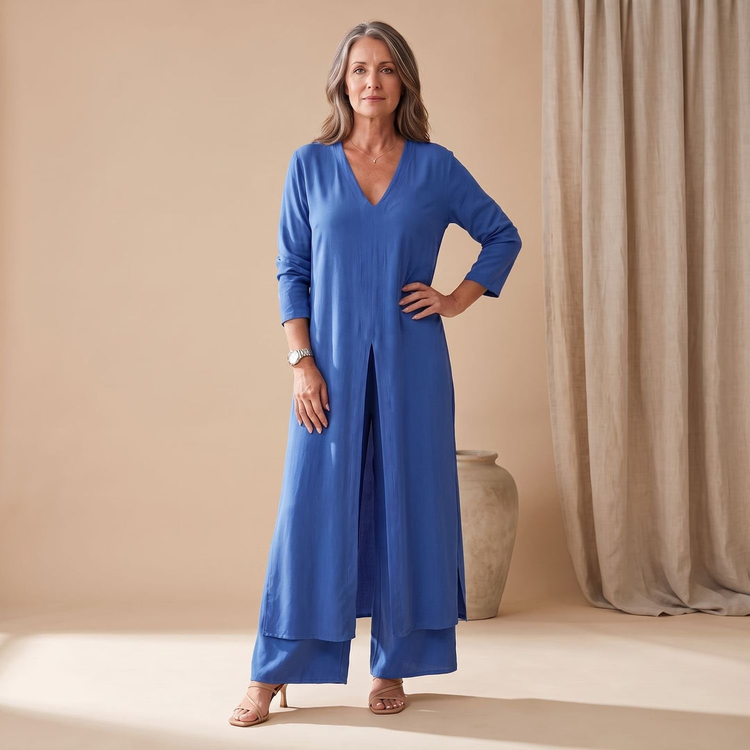 Women's V-Neck Long Shirt Wide-Leg Pants Two Piece Set - Blue