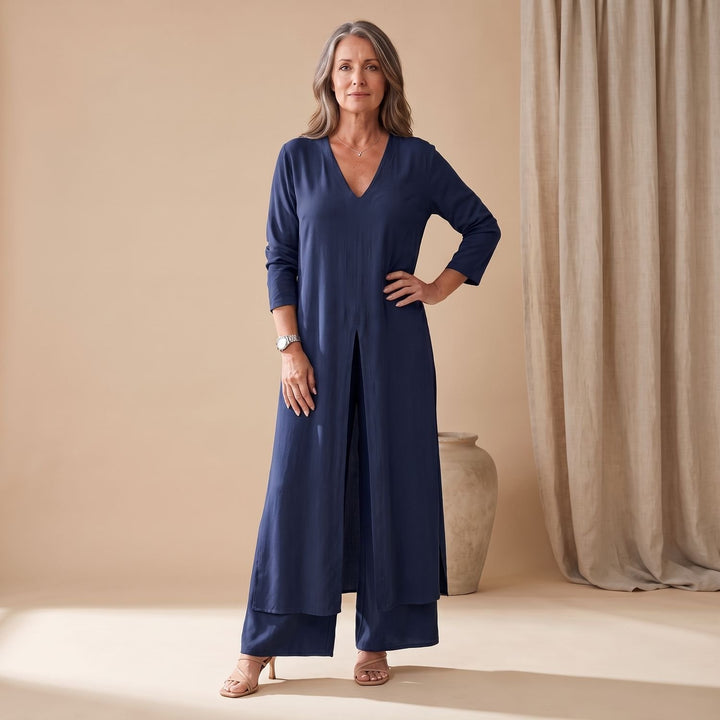 Women's V-Neck Long Shirt Wide-Leg Pants Two Piece Set - Navy Blue