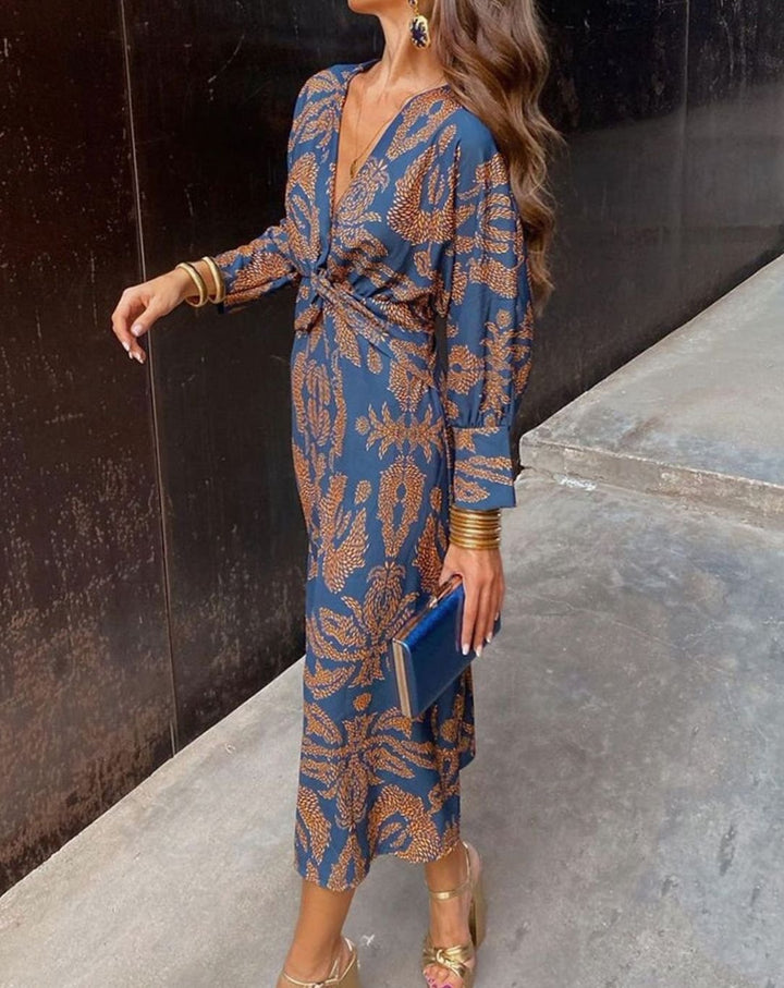 Women's V-Neck Long-Sleeve Twist-Front Printed Maxi Dress - Blue