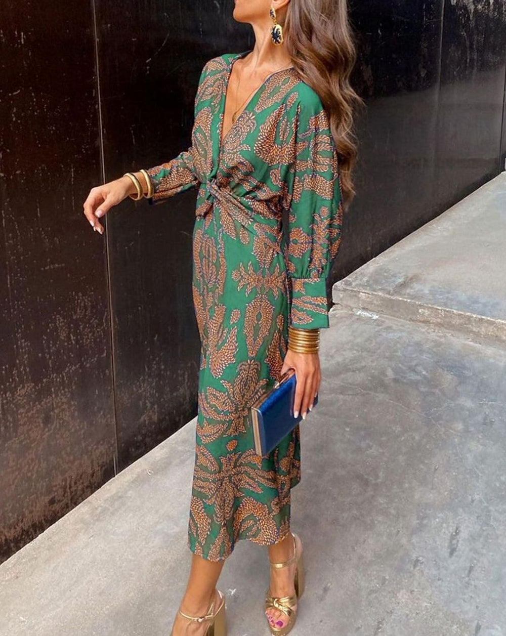 Women's V-Neck Long-Sleeve Twist-Front Printed Maxi Dress - Green