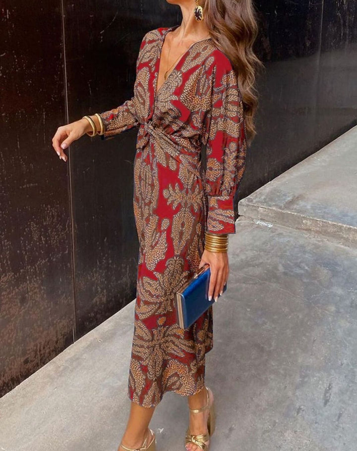 Women's V-Neck Long-Sleeve Twist-Front Printed Maxi Dress - Red
