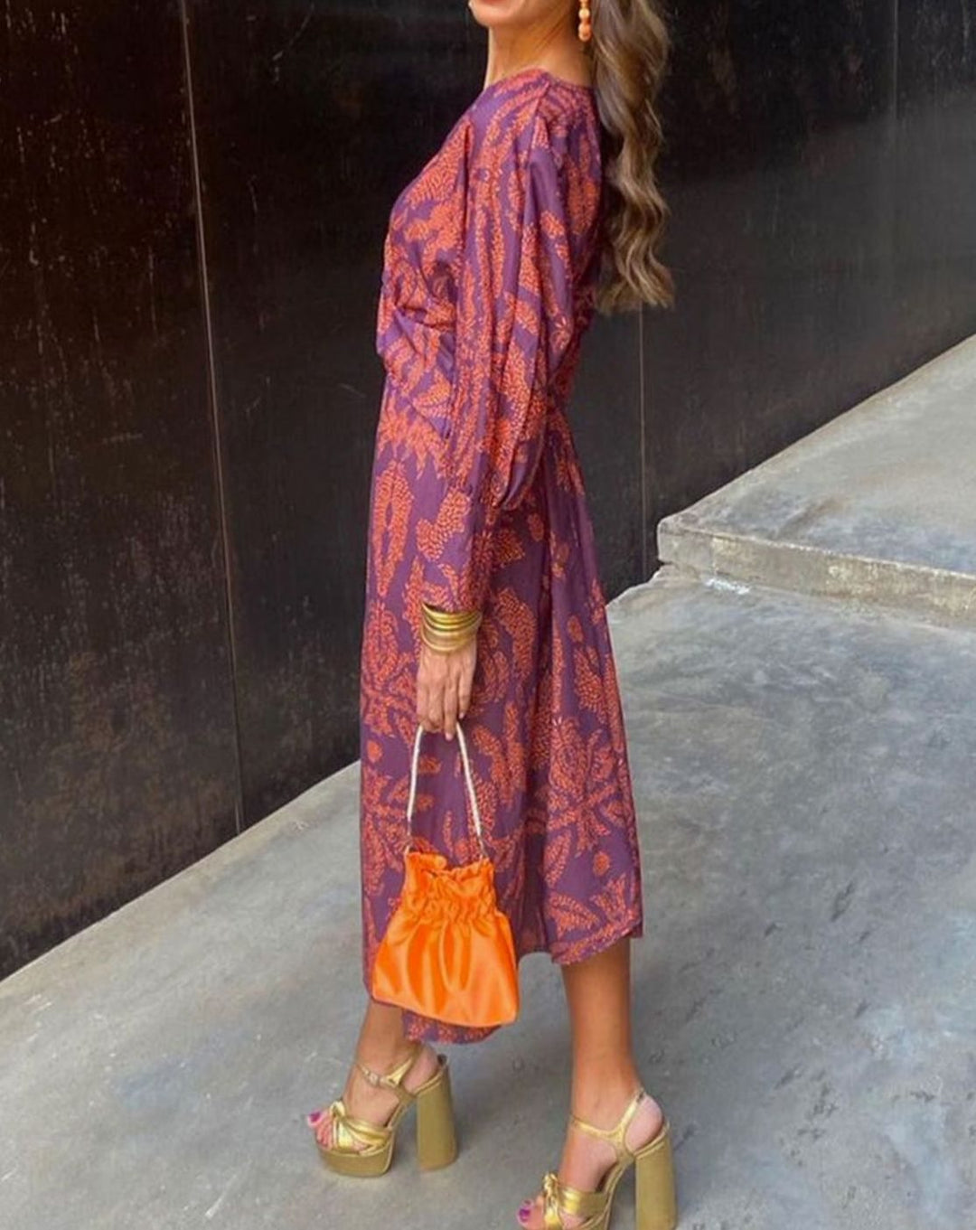 Women's V-Neck Long-Sleeve Twist-Front Printed Maxi Dress - Purple