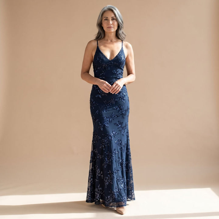 Women's V-Neck Open-Back Sequin Maxi Dress, Navy Blue - Blue