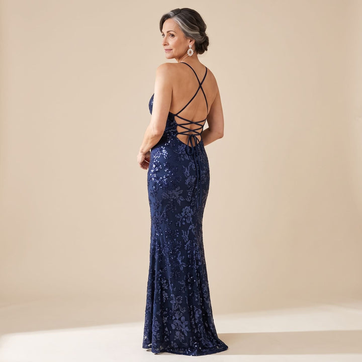 Women's V-Neck Open-Back Sequin Maxi Dress, Navy Blue