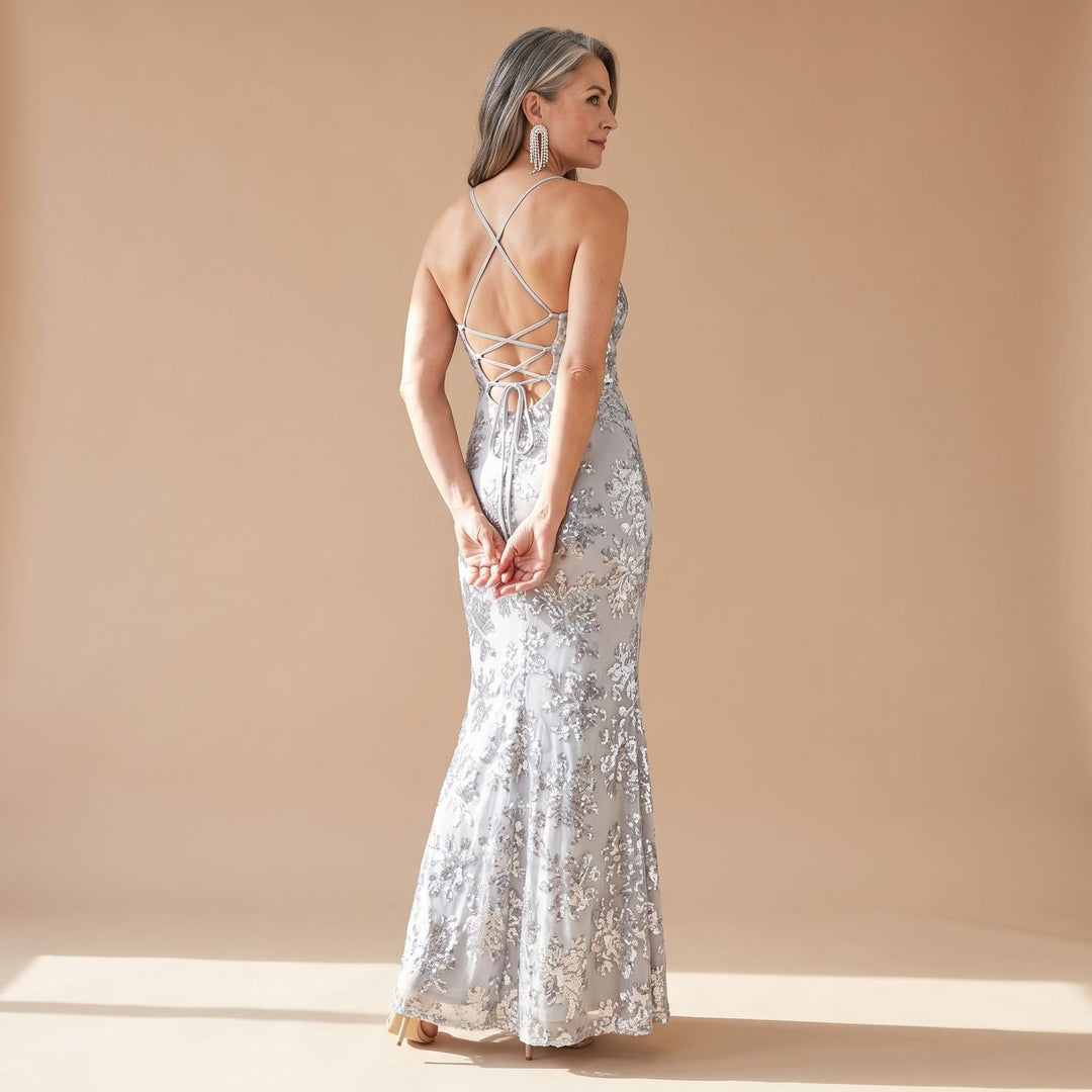 Women's V-Neck Open-Back Sequin Maxi Dress, Navy Blue