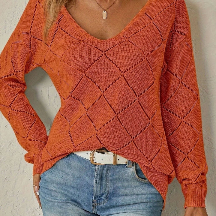 Women's V-Neck Openwork Diamond-Knit Long-Sleeve Sweater - Orange-Red