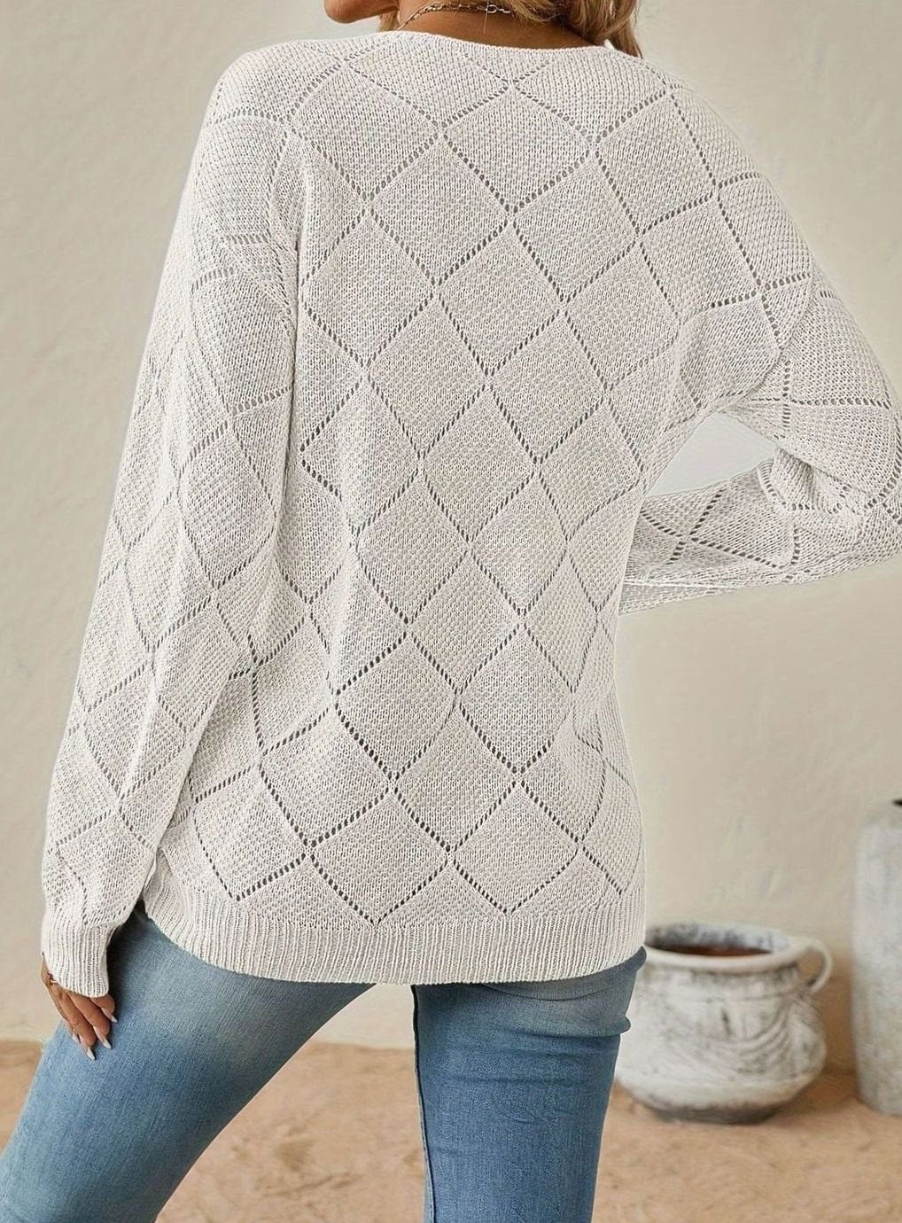Women's V-Neck Openwork Diamond-Knit Long-Sleeve Sweater