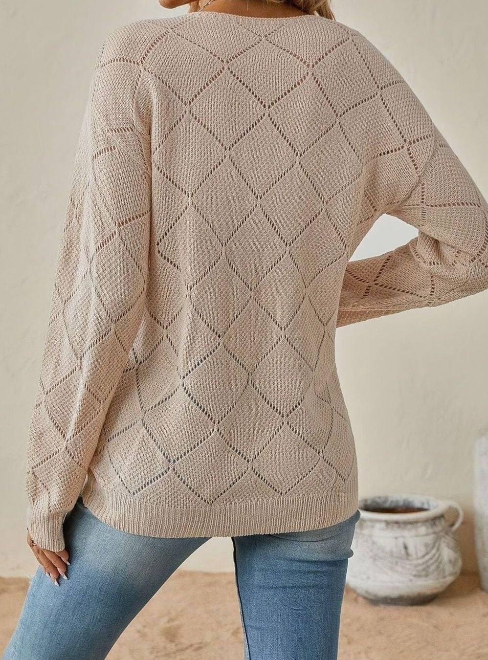 Women's V-Neck Openwork Diamond-Knit Long-Sleeve Sweater
