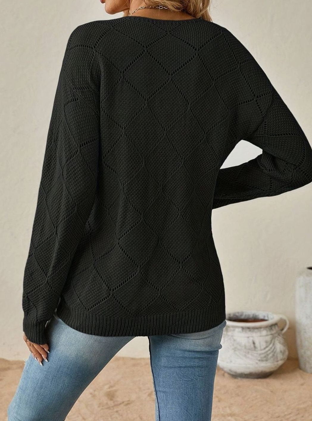 Women's V-Neck Openwork Diamond-Knit Long-Sleeve Sweater