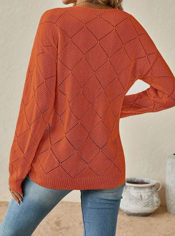 Women's V-Neck Openwork Diamond-Knit Long-Sleeve Sweater