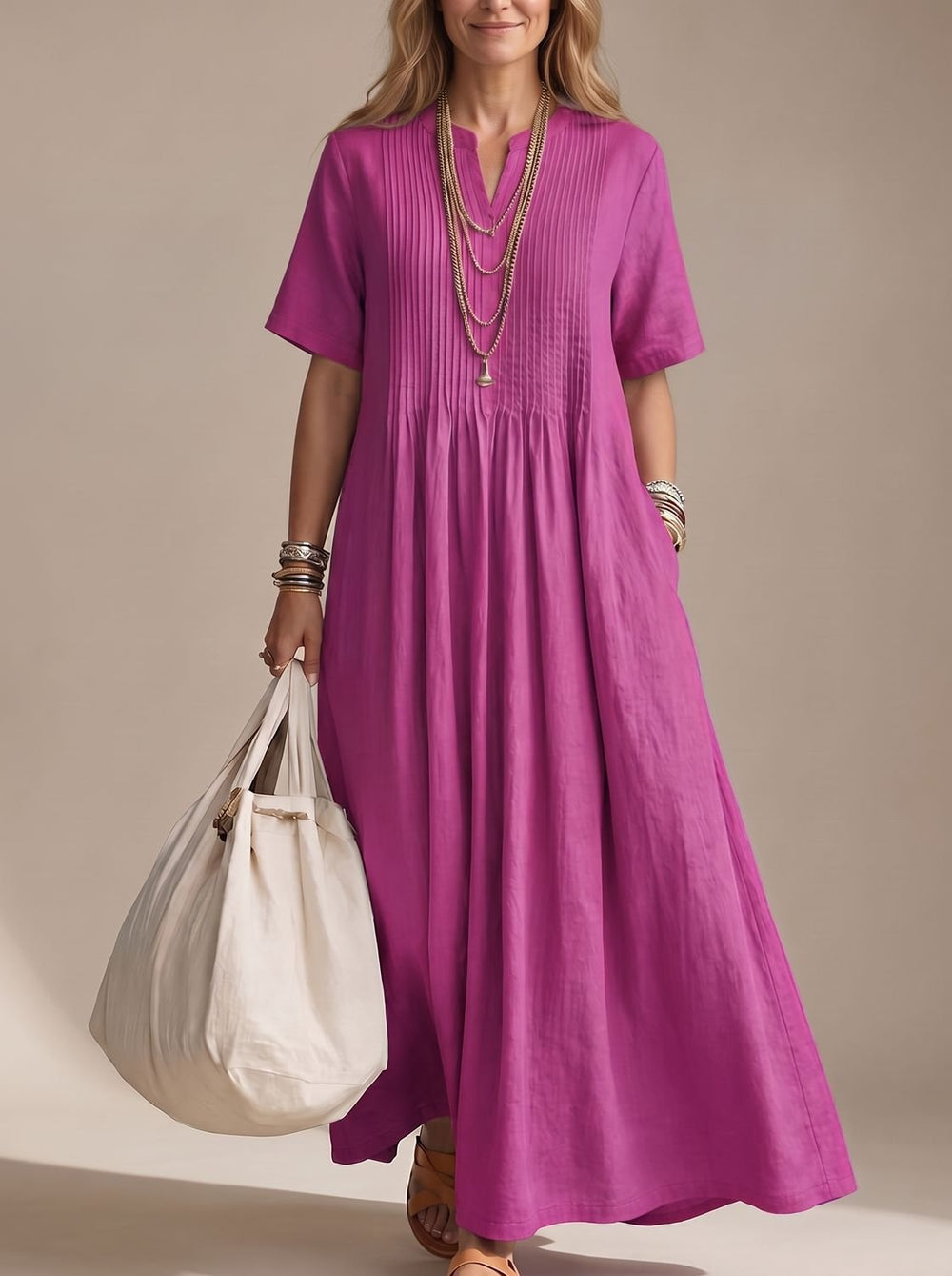 Women's V-Neck Pintuck Pleated Flowy Maxi Dress - Pink