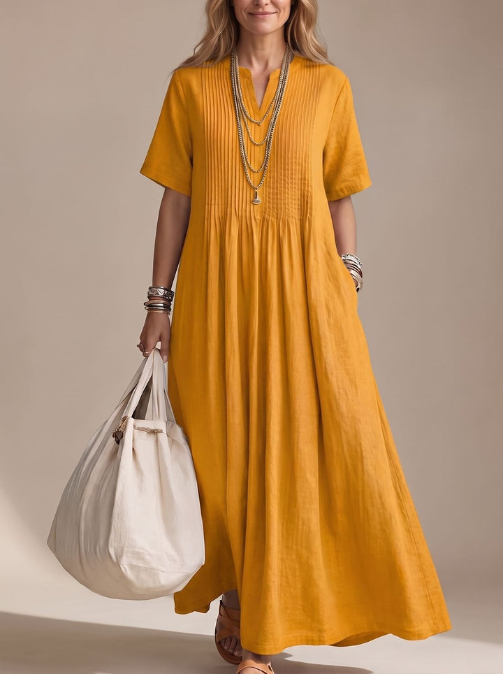 Women's V-Neck Pintuck Pleated Flowy Maxi Dress - Yellow