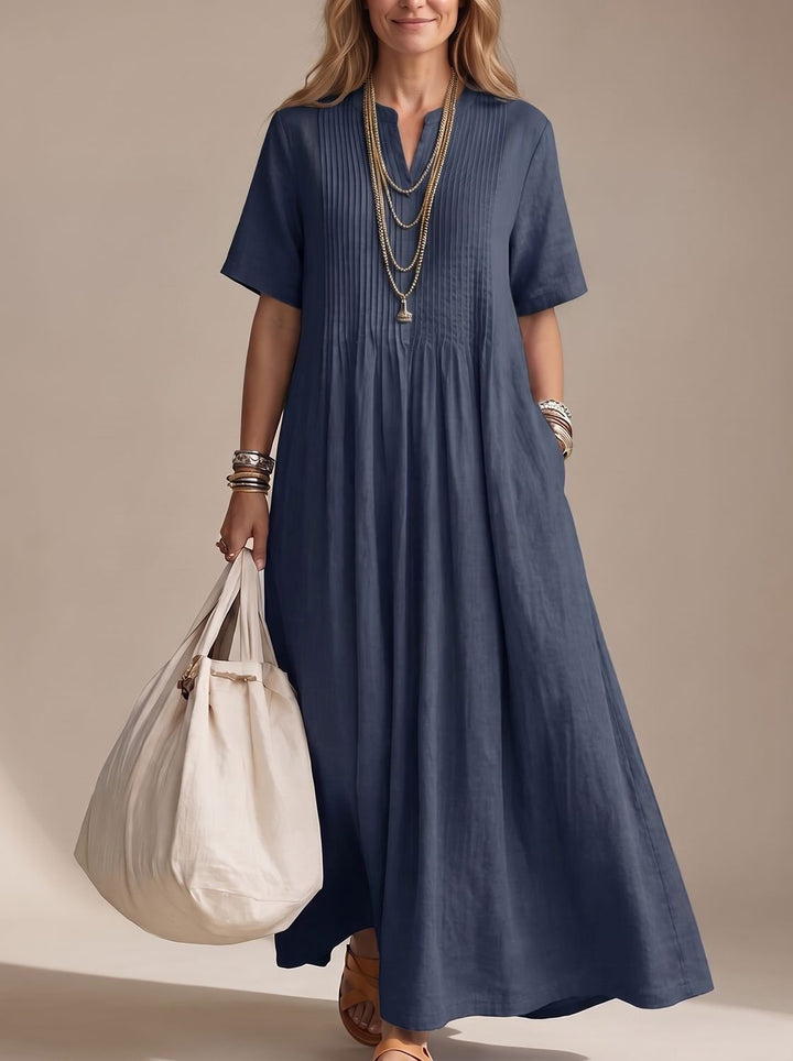 Women's V-Neck Pintuck Pleated Flowy Maxi Dress - Navy Blue