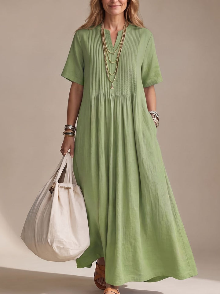 Women's V-Neck Pintuck Pleated Flowy Maxi Dress - Green