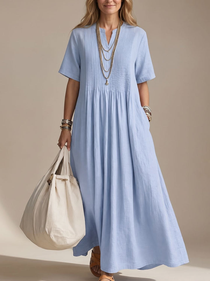 Women's V-Neck Pintuck Pleated Flowy Maxi Dress - Blue