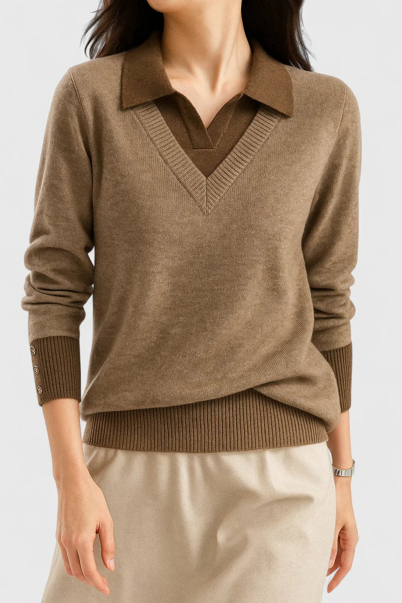 Women's V-Neck Polo Collar Knit Pullover Sweater - Brown