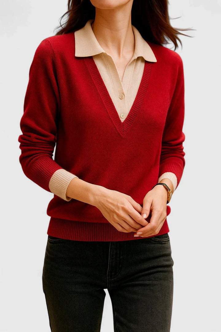 Women's V-Neck Polo Collar Knit Pullover Sweater