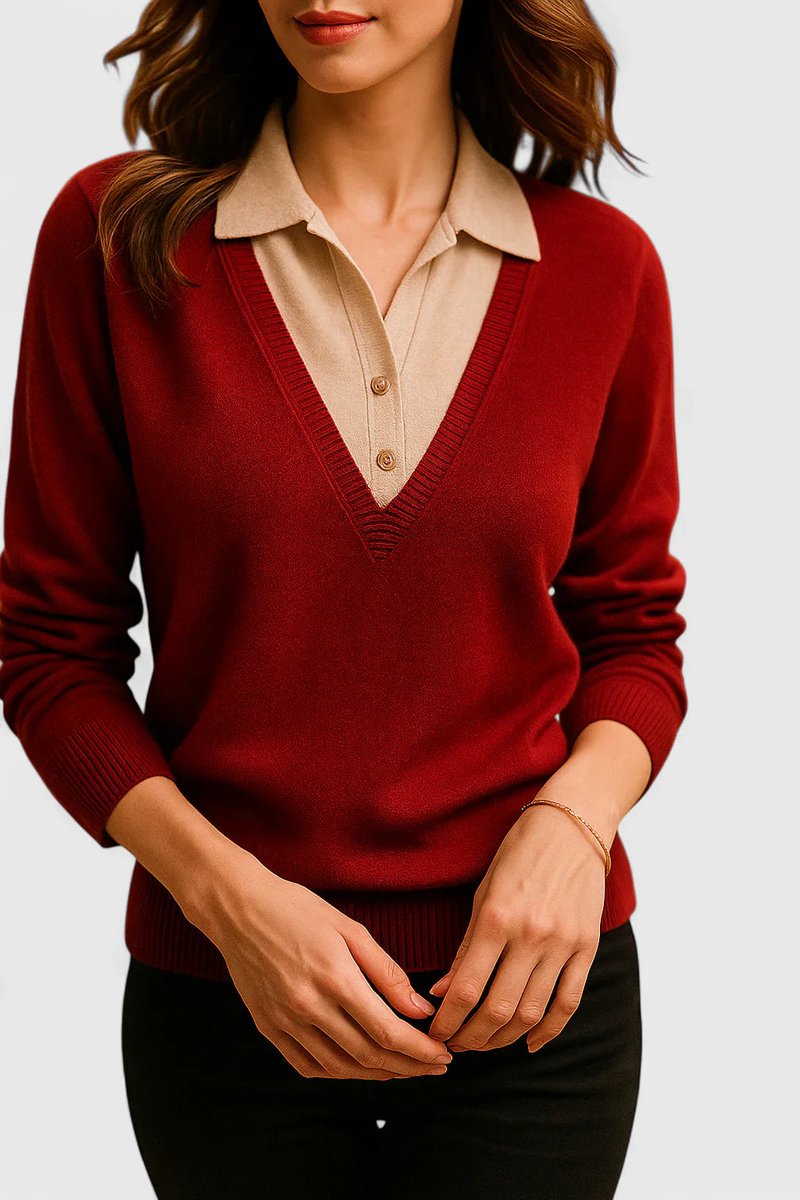 Women's V-Neck Polo Collar Knit Pullover Sweater