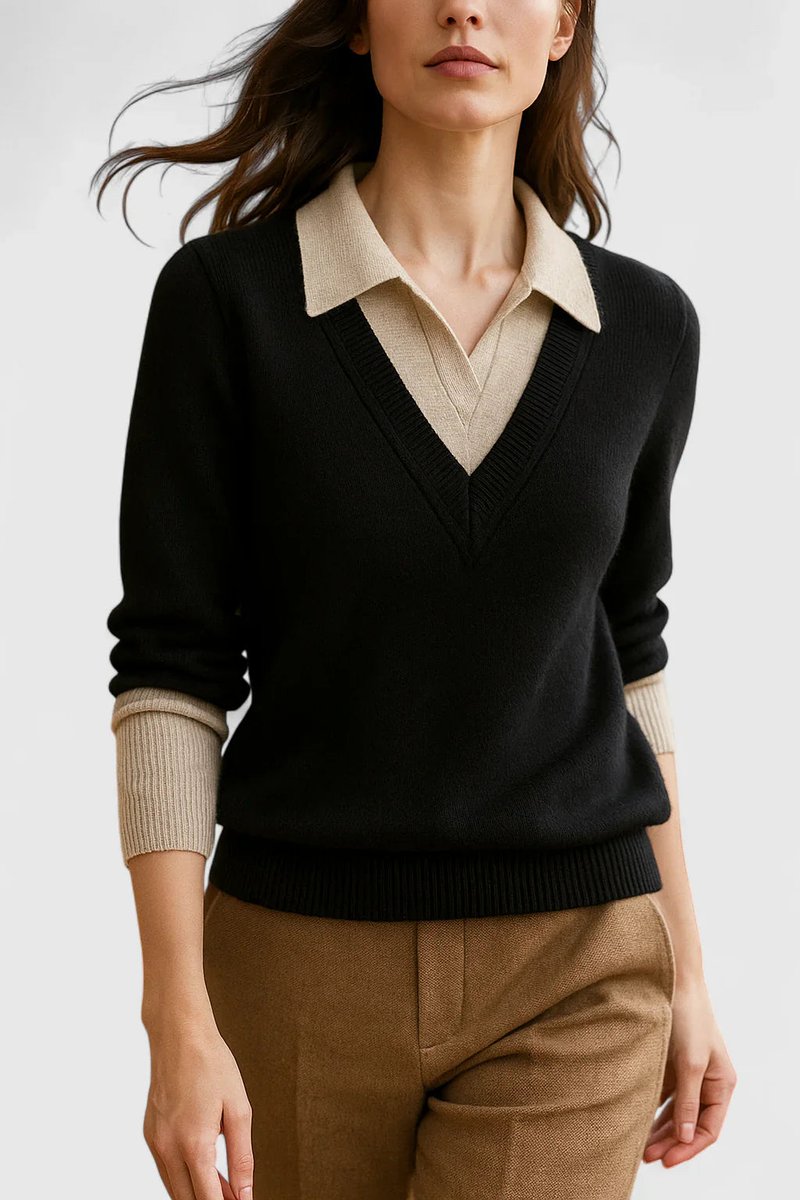 Women's V-Neck Polo Collar Knit Pullover Sweater