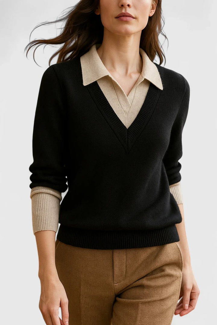 Women's V-Neck Polo Collar Knit Pullover Sweater