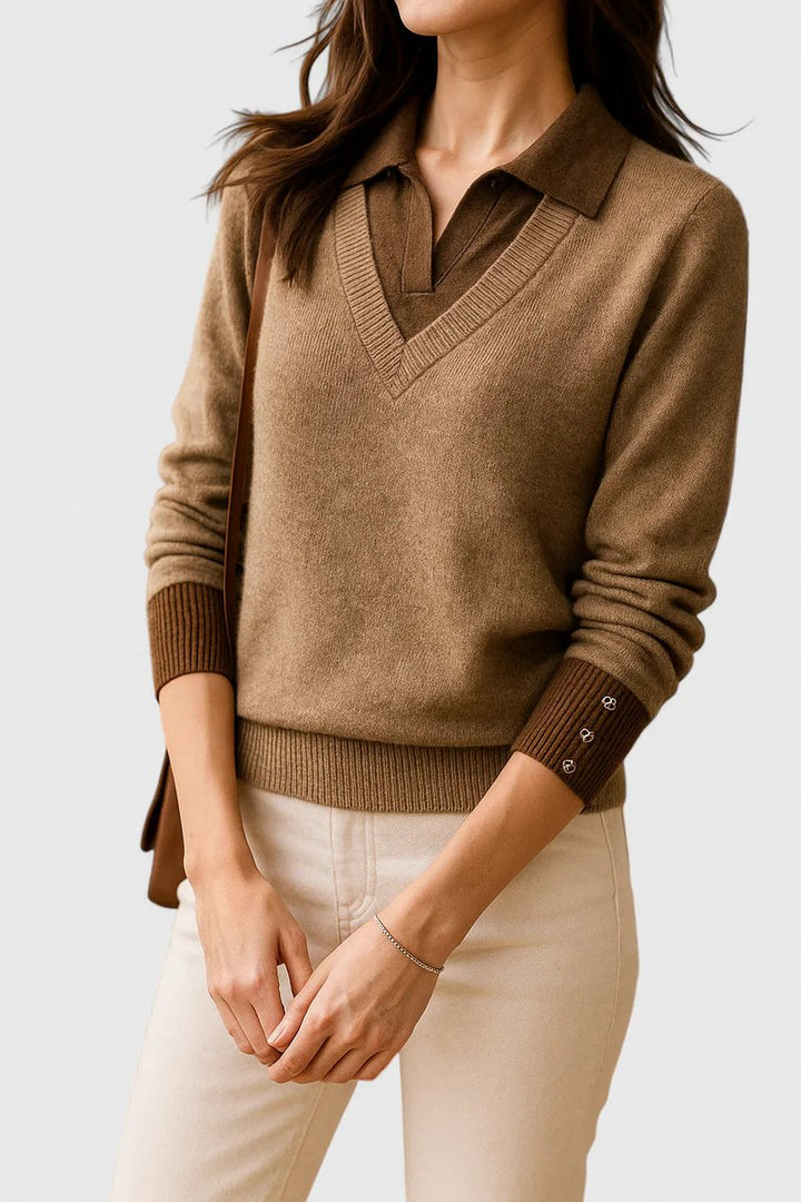Women's V-Neck Polo Collar Knit Pullover Sweater