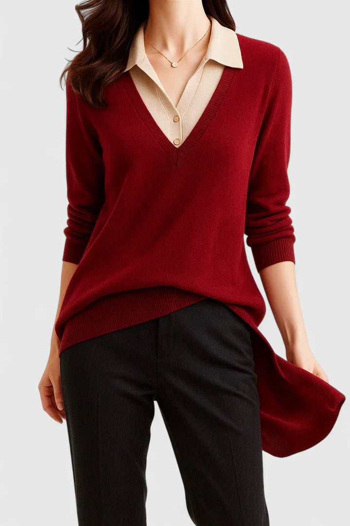 Women's V-Neck Polo Collar Knit Pullover Sweater - Red